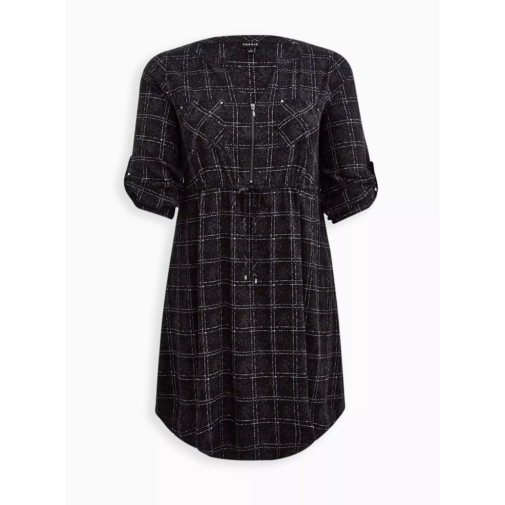 NWT Torrid Mini Challis Black Plaid Stretch Zip Front Shirt‎ Dress Drawstring 3X